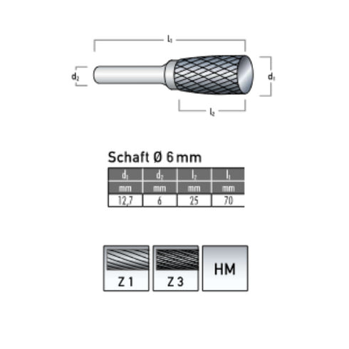 Sol. Carb. Bur, Cylindrical Cone Shape with Corner Radius Ø 12,7x25mm, Z3 Dimensions
